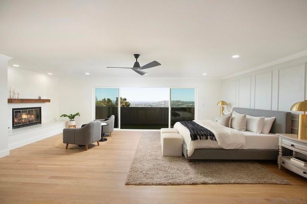 Bedroom, Fireplace, Interior, Recessed Lighting, Wood Texture Flooring