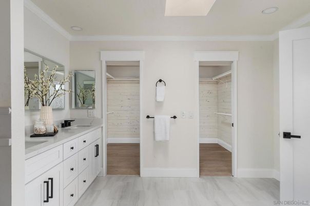 Bathroom, Dual Sink Vanities, Glass Shower, Interior, Walk-in Closets, Wood Texture Flooring