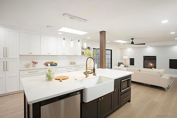 Fireplace, Interior, Kitchen, Living room, Pendant Lights, Recessed Lighting, Stainless Steel Appliances, Wood Texture Flooring