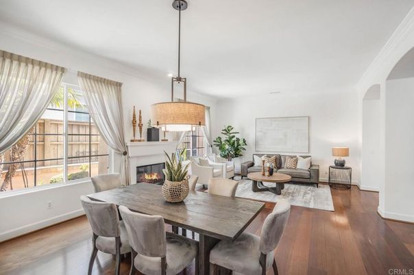 Dining room, Fireplace, Interior, Living room, Pendant Lights, Wood Texture Flooring