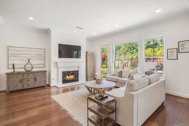 Fireplace, Interior, Living room, Recessed Lighting, Wood Texture Flooring