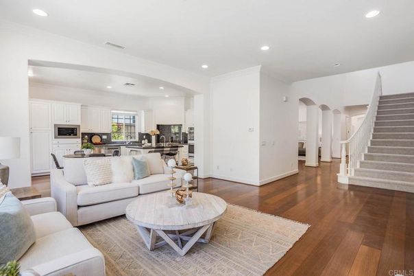 Dining room, Interior, Kitchen, Living room, Recessed Lighting, Stainless Steel Appliances, Wood Texture Flooring