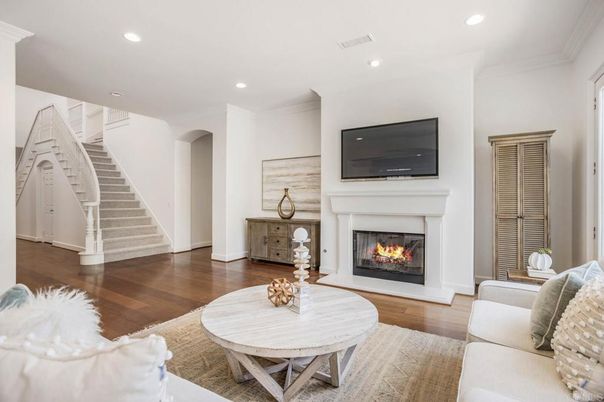 Fireplace, Interior, Living room, Recessed Lighting, Wood Texture Flooring