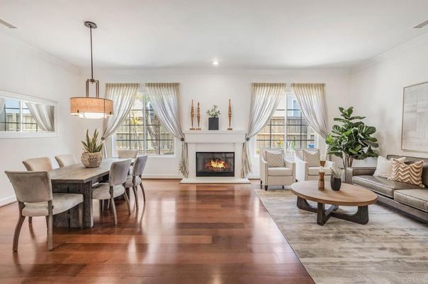 Dining room, Fireplace, Interior, Living room, Pendant Lights, Recessed Lighting, Wood Texture Flooring