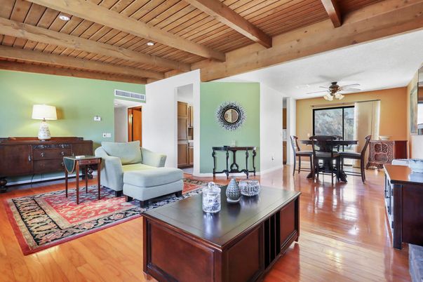 Dining room, Interior, Living room, Recessed Lighting, Wooden Beams, Wooden Ceilings, Wood Texture Flooring