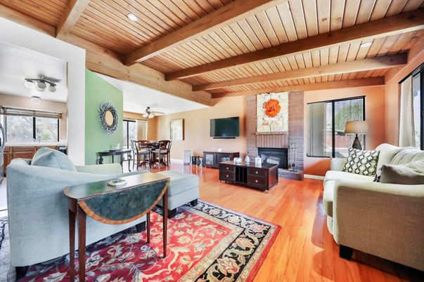 Dining room, Fireplace, Interior, Living room, Stone Walls, Wooden Beams, Wooden Ceilings, Wood Texture Flooring