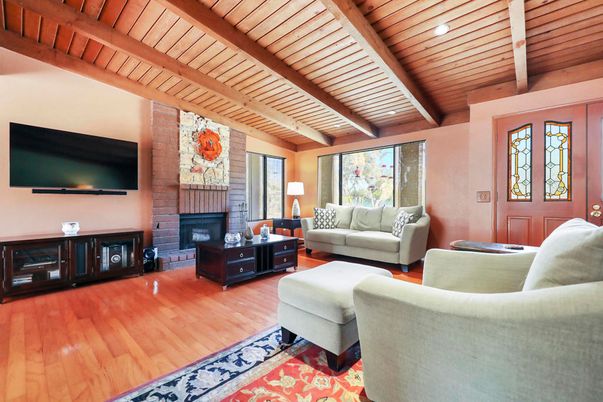 Fireplace, Interior, Living room, Recessed Lighting, Stone Walls, Wooden Beams, Wooden Ceilings, Wood Texture Flooring
