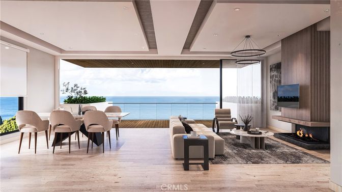 Dining room, Fireplace, Interior, Living room, Pendant Lights, Recessed Lighting, Water, Wooden Beams, Wood Texture Flooring