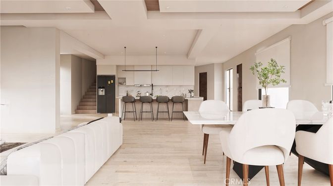 Dining room, Interior, Kitchen, Pendant Lights, Recessed Lighting, Wood Texture Flooring