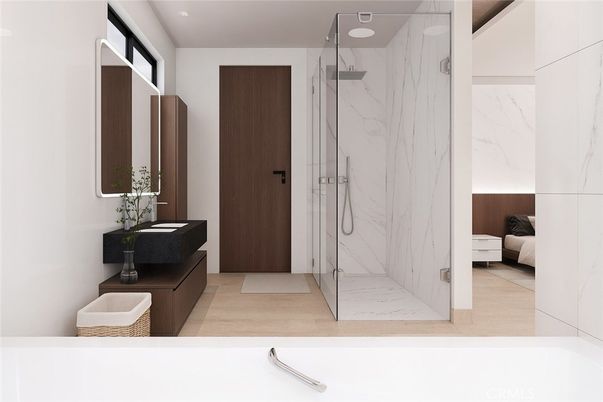 Bathroom, Glass Shower, Interior, Marble, Marble Walls, Recessed Lighting