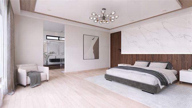 Bedroom, Interior, Marble Walls, Pendant Lights, Recessed Lighting, Wood Texture Flooring