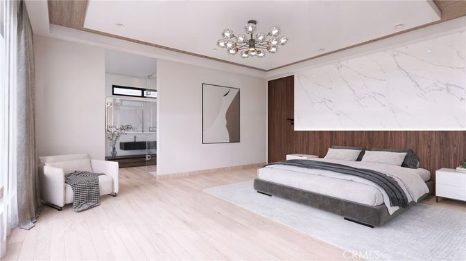 Bedroom, Interior, Marble Walls, Pendant Lights, Recessed Lighting, Wood Texture Flooring