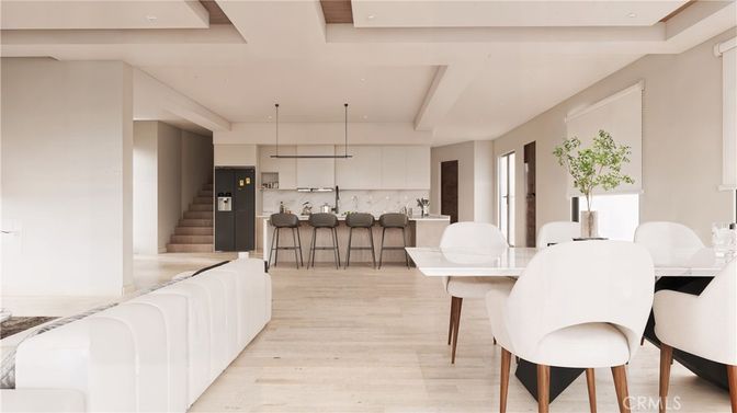 Dining room, Interior, Kitchen, Pendant Lights, Recessed Lighting, Wood Texture Flooring