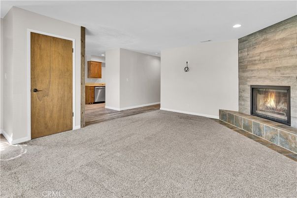 Empty room, Fireplace, Interior, Recessed Lighting, Wooden Walls