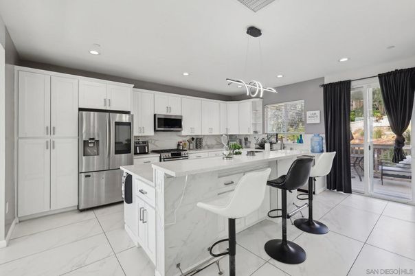 Interior, Kitchen, Marble, Pendant Lights, Recessed Lighting, Stainless Steel Appliances