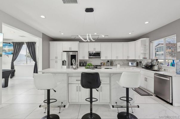 Interior, Kitchen, Marble, Pendant Lights, Recessed Lighting, Stainless Steel Appliances