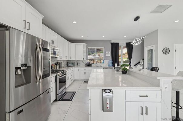 Interior, Kitchen, Marble, Pendant Lights, Recessed Lighting, Stainless Steel Appliances