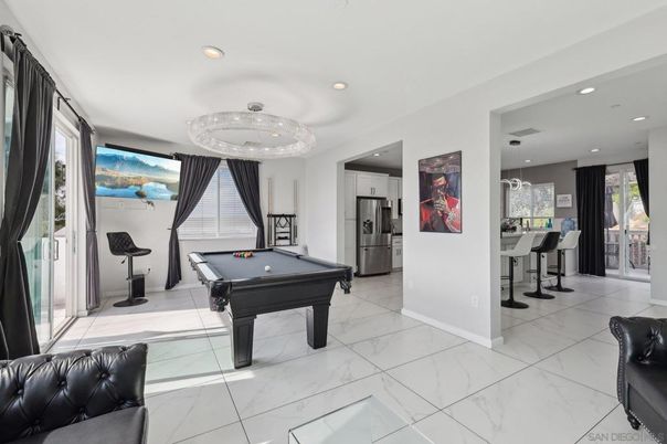Billiard Table, Chandelier, Game Room, Interior, Marble, Pendant Lights, Recessed Lighting