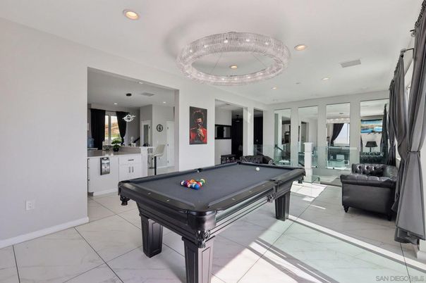Billiard Table, Chandelier, Game Room, Interior, Marble, Recessed Lighting
