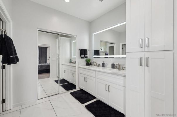 Bathroom, Dual Sink Vanities, Interior, Marble, Recessed Lighting