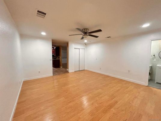 Bathroom, Empty room, Interior, Recessed Lighting, Wood Texture Flooring