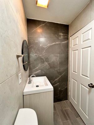 Bathroom, Interior, Marble Walls, Wood Texture Flooring