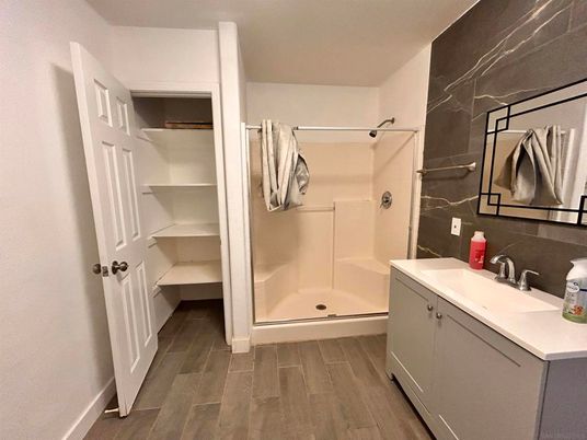 Bathroom, Interior, Marble Walls, Wood Texture Flooring