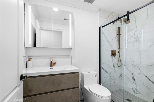 Bathroom, Glass Shower, Interior, Marble Walls, Recessed Lighting