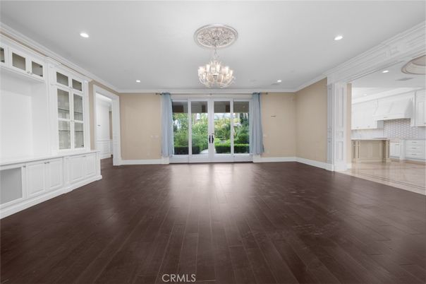 Chandelier, Empty room, Interior, Kitchen, Recessed Lighting, Wood Texture Flooring