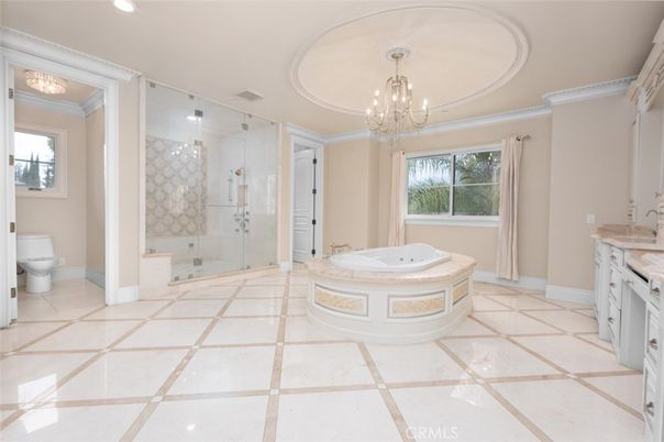 Bathroom, Chandelier, Glass Shower, Interior, Recessed Lighting