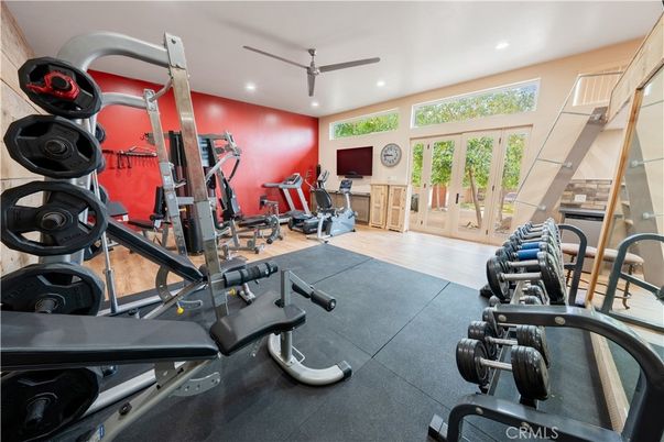 Fitness Equipment, Gym, Interior, Recessed Lighting, Wood Texture Flooring
