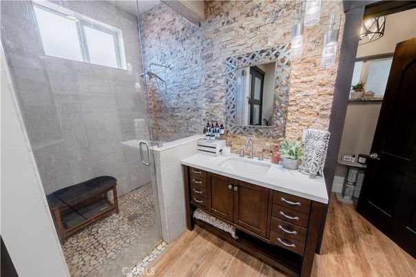 Bathroom, Glass Shower, Interior, Stone Walls, Wood Texture Flooring