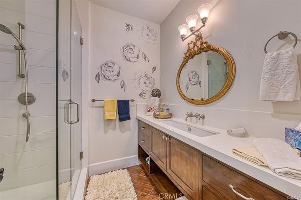 Bathroom, Dual Sink Vanities, Glass Shower, Interior, Wood Texture Flooring