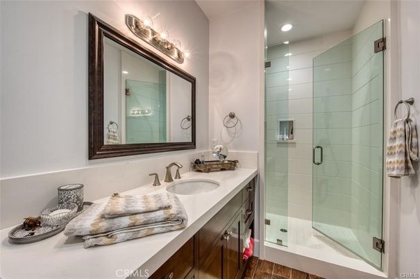 Bathroom, Glass Shower, Interior, Recessed Lighting, Wood Texture Flooring