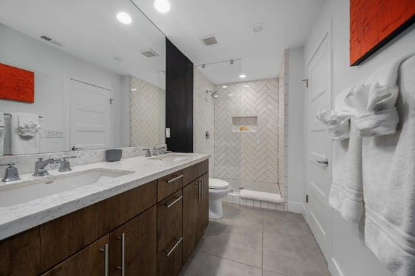 Bathroom, Dual Sink Vanities, Glass Shower, Interior, Recessed Lighting