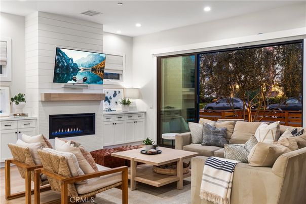 Fireplace, Interior, Living room, Recessed Lighting, Wood Texture Flooring