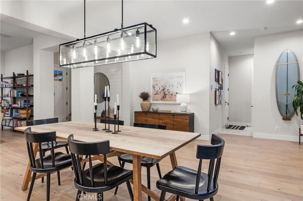 Dining room, Interior, Pendant Lights, Recessed Lighting, Wood Texture Flooring
