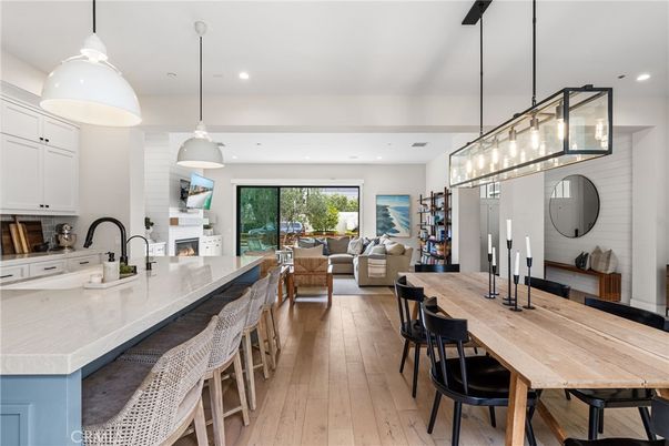Dining room, Fireplace, Interior, Kitchen, Living room, Pendant Lights, Recessed Lighting, Wood Texture Flooring