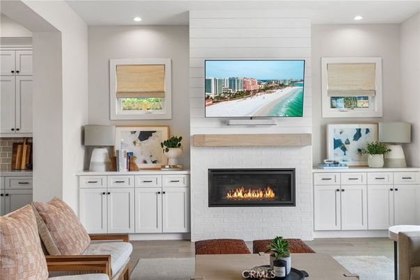 Fireplace, Interior, Recessed Lighting, Wood Texture Flooring