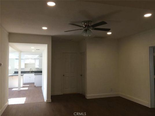 Empty room, Interior, Kitchen, Recessed Lighting, Wood Texture Flooring