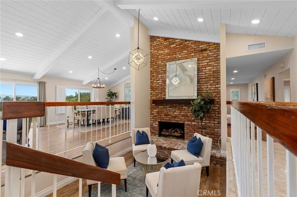Dining room, Fireplace, Interior, Living room, Pendant Lights, Recessed Lighting, Stone Walls, Wood Texture Flooring