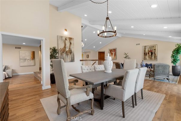 Dining room, Interior, Pendant Lights, Recessed Lighting, Wood Texture Flooring