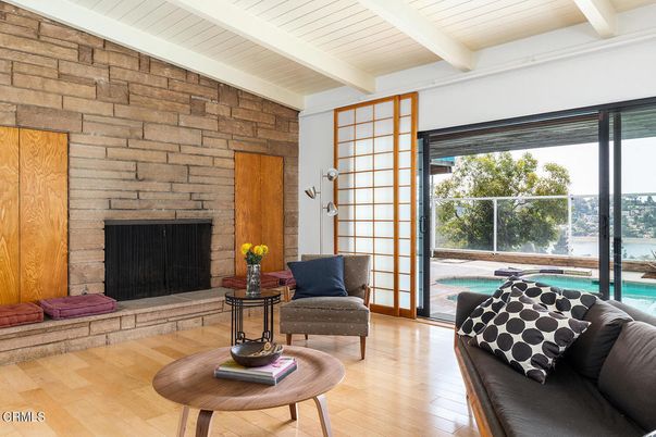 Fireplace, Interior, Living room, Stone Walls, Wood Texture Flooring