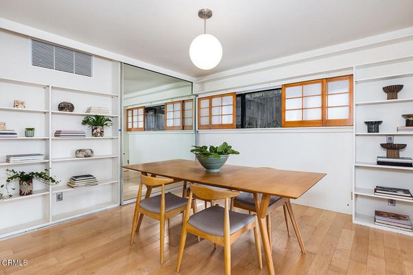 Dining room, Interior, Pendant Lights, Wood Texture Flooring