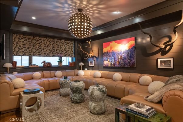 Interior, Living room, Pendant Lights, Projection Screen, Recessed Lighting, Theatre Room, Wood Texture Flooring