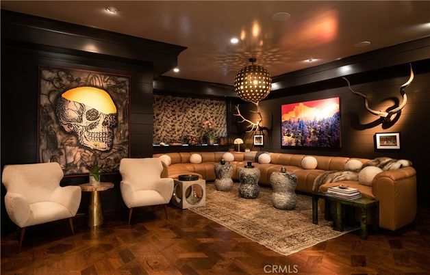 Interior, Living room, Pendant Lights, Projection Screen, Recessed Lighting, Theatre Room, Wood Texture Flooring