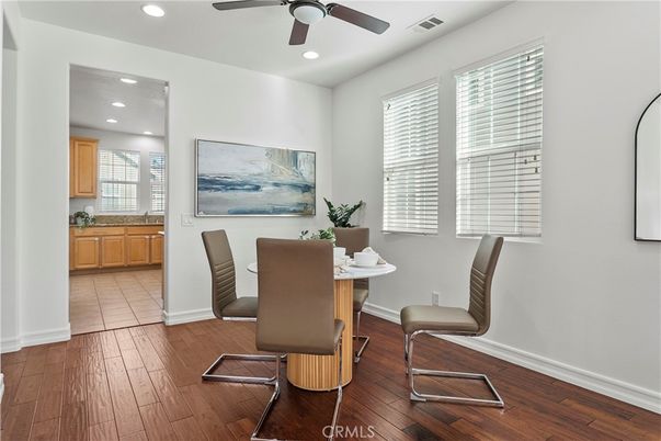 Dining room, Interior, Recessed Lighting, Wood Texture Flooring