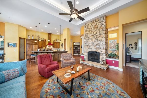 Fireplace, Interior, Kitchen, Living room, Pendant Lights, Recessed Lighting, Stone Walls, Wood Texture Flooring