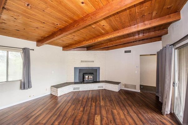 Empty room, Fireplace, Interior, Wooden Beams, Wooden Ceilings, Wood Texture Flooring