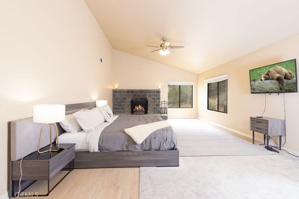 Bedroom, Fireplace, Interior, Wood Texture Flooring